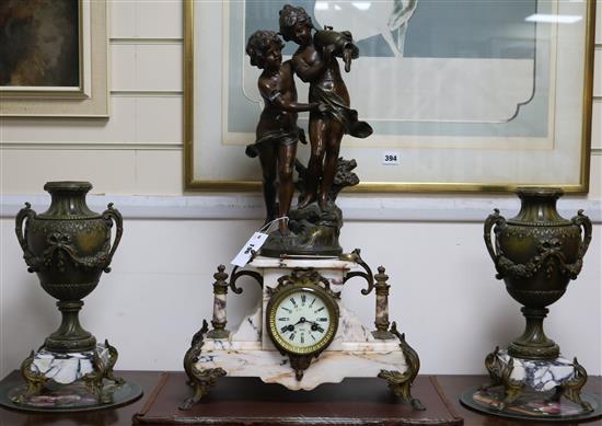 A 19th century French gilt spelter and variegated marble three piece clock set, with figural surmount, height 67cm